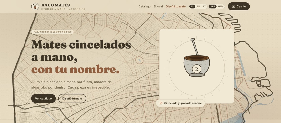 Portada de ragomates.com: mates cincelados a mano, con el catálogo debajo